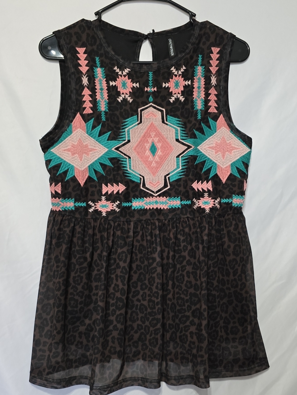 Crazy Train Western Aztec Embroidered Leopard Peplum Tank Top Size XS
